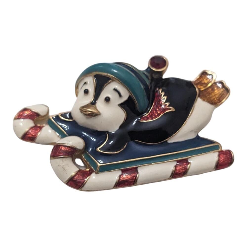 Vintage Christopher‎ Radko Brooch Penguin Winter Sled Christmas Xmas Pin